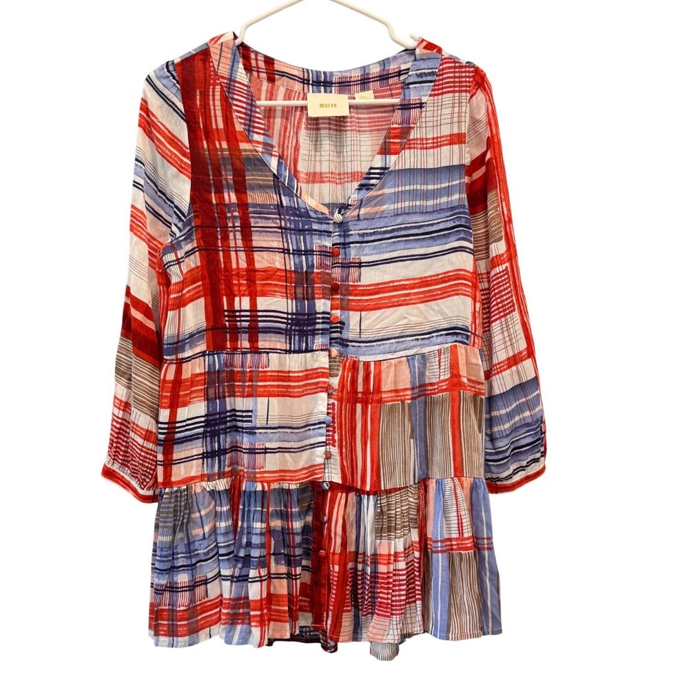 Maeve Anthropologie Plaid Tunic Womens‎ Small Red White Blue Tiered Babydoll Top